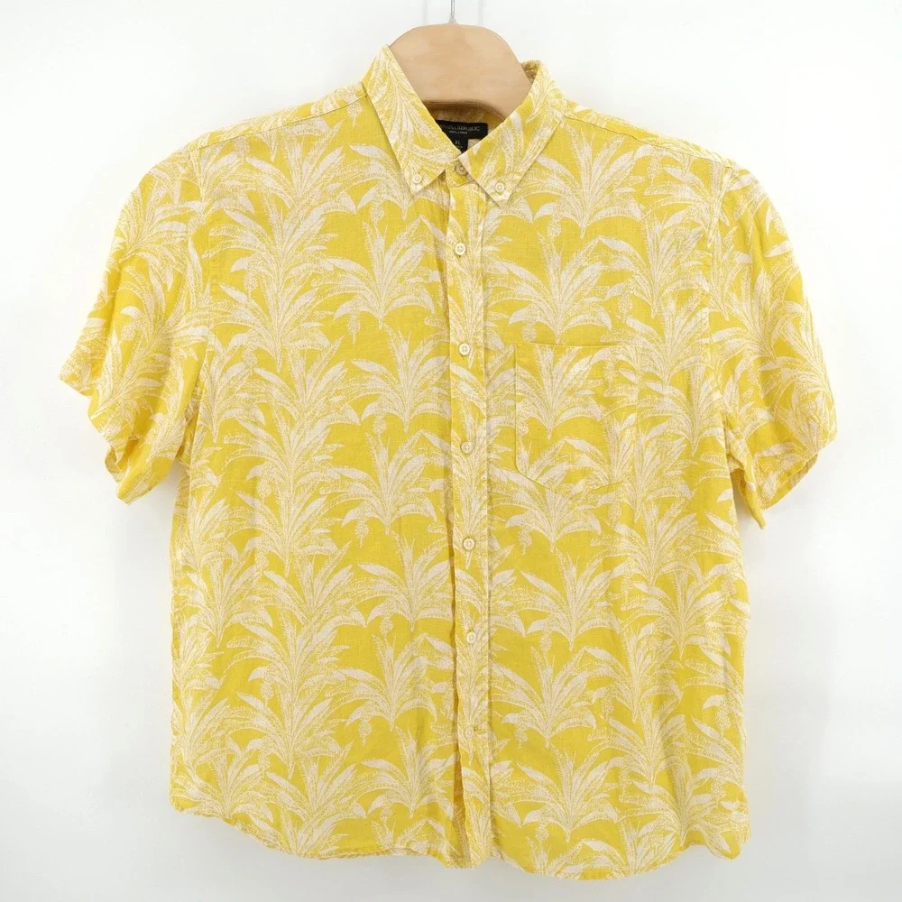 Banana Republic 100% Linen Button Down Shirt Yellow Tropical Palm‎ Leaf Mens XL